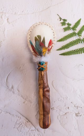 Palo Santo Rattle – Chrysocolla & Guacamayo Feathers